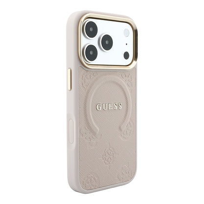 Apple iPhone 18 Pro Max Kılıf Guess Orjinal Lisanslı M-safe Şarj Özellikli Sıcak Baskılı Yazı Logolu C-Magnet PU Deri Peony Kapak