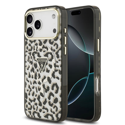 Apple iPhone 18 Pro Max Kılıf Guess Orjinal Lisanslı M-safe Şarj Özellikli Üçgen Logolu Simli Leopar Desenli Kapak