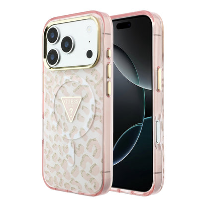 Apple iPhone 18 Pro Max Kılıf Guess Orjinal Lisanslı M-safe Şarj Özellikli Üçgen Logolu Simli Leopar Desenli Kapak