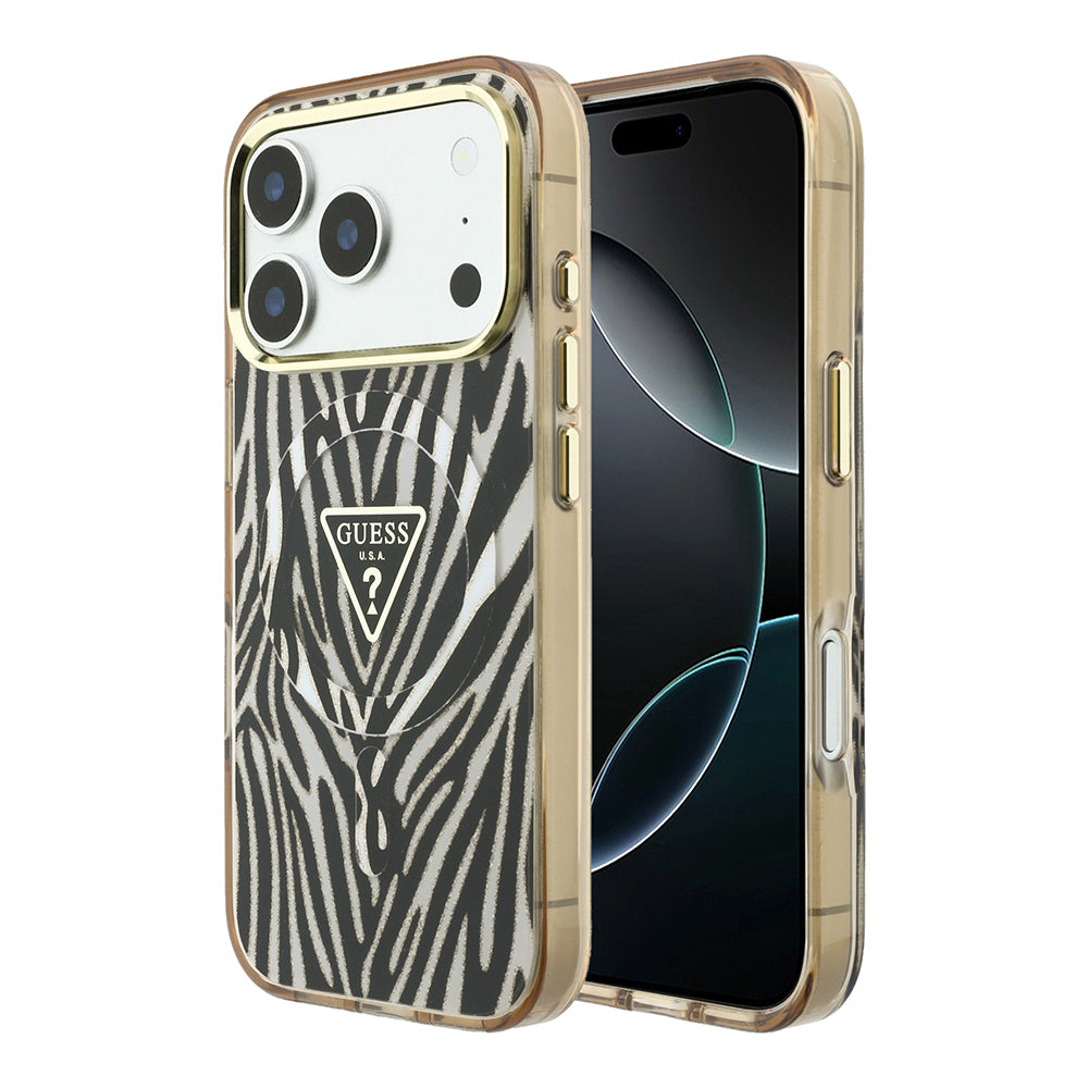 Apple iPhone 18 Pro Max Kılıf Guess Orjinal Lisanslı M-safe Şarj Özellikli Üçgen Logolu Zebra Desenli Silikon Kapak