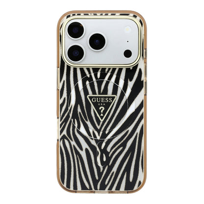 Apple iPhone 18 Pro Max Kılıf Guess Orjinal Lisanslı M-safe Şarj Özellikli Üçgen Logolu Zebra Desenli Silikon Kapak