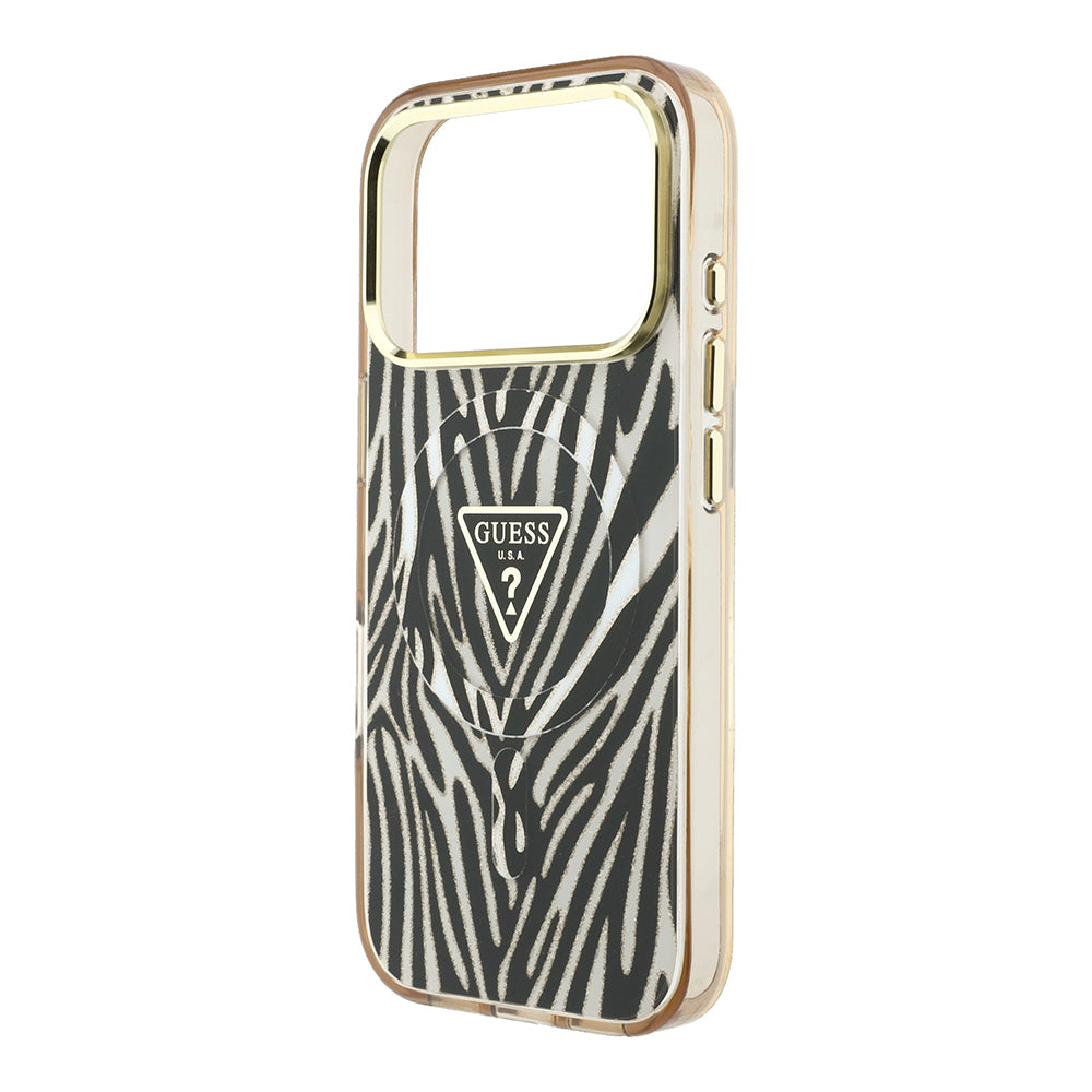 Apple iPhone 18 Pro Max Kılıf Guess Orjinal Lisanslı M-safe Şarj Özellikli Üçgen Logolu Zebra Desenli Silikon Kapak