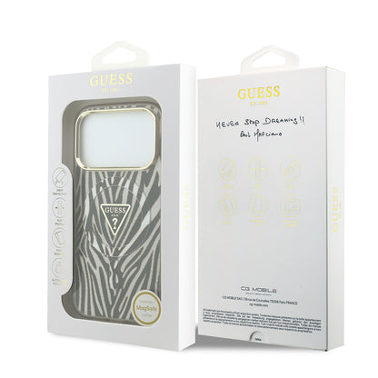 Apple iPhone 18 Pro Max Kılıf Guess Orjinal Lisanslı M-safe Şarj Özellikli Üçgen Logolu Zebra Desenli Silikon Kapak