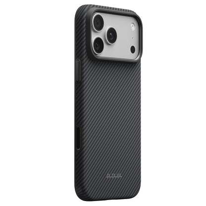 Apple iPhone 18 Pro Max Kılıf M-safe Şarj Özellikli Aramid Karbon Fiber Pitaka Military-Grade Classic Serisi New Logo Black-Grey Twill Kapak