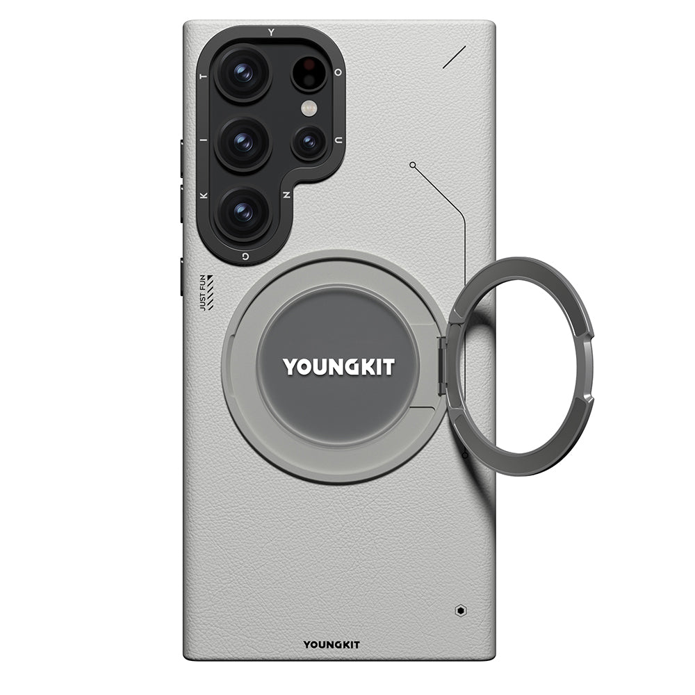 Galaxy S23 Ultra Kılıf M-safe Şarj Özellikli 360° Standlı Basit Mat Deri Desenli Youngkit Tech Leather Serisi Kapak