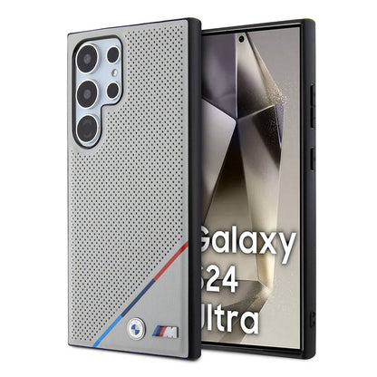 Galaxy S24 Ultra Kılıf BMW Orjinal Lisanslı M-safe Şarj Özellikli M Logolu Üç Çizgili Delikli Deri Kapak