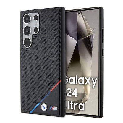 Galaxy S24 Ultra Kılıf BMW Orjinal Lisanslı M-safe Şarj Özellikli M Logolu Üç Çizgili PU Karbon Kapak