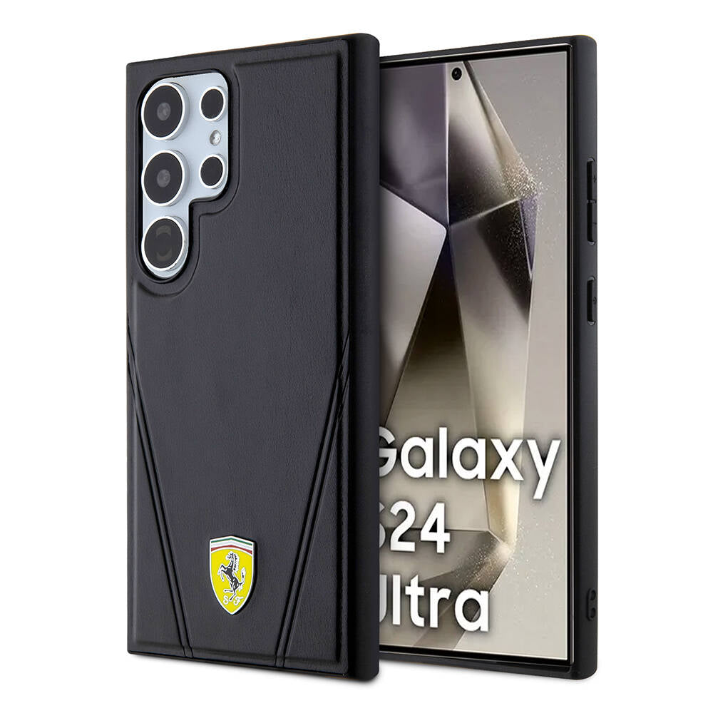Galaxy S24 Ultra Kılıf Ferrari Orjinal Lisanslı M-safe Şarj Özellikli Sıcak Baskı V Çizgili Deri Kapak
