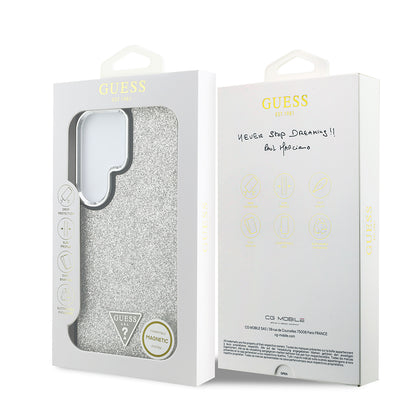 Galaxy S26 Ultra Kılıf Guess Orjinal Lisanslı M-safe Şarj Özellikli Metal Kamera Çerçeveli Üçgen Logolu Glitter Kapak