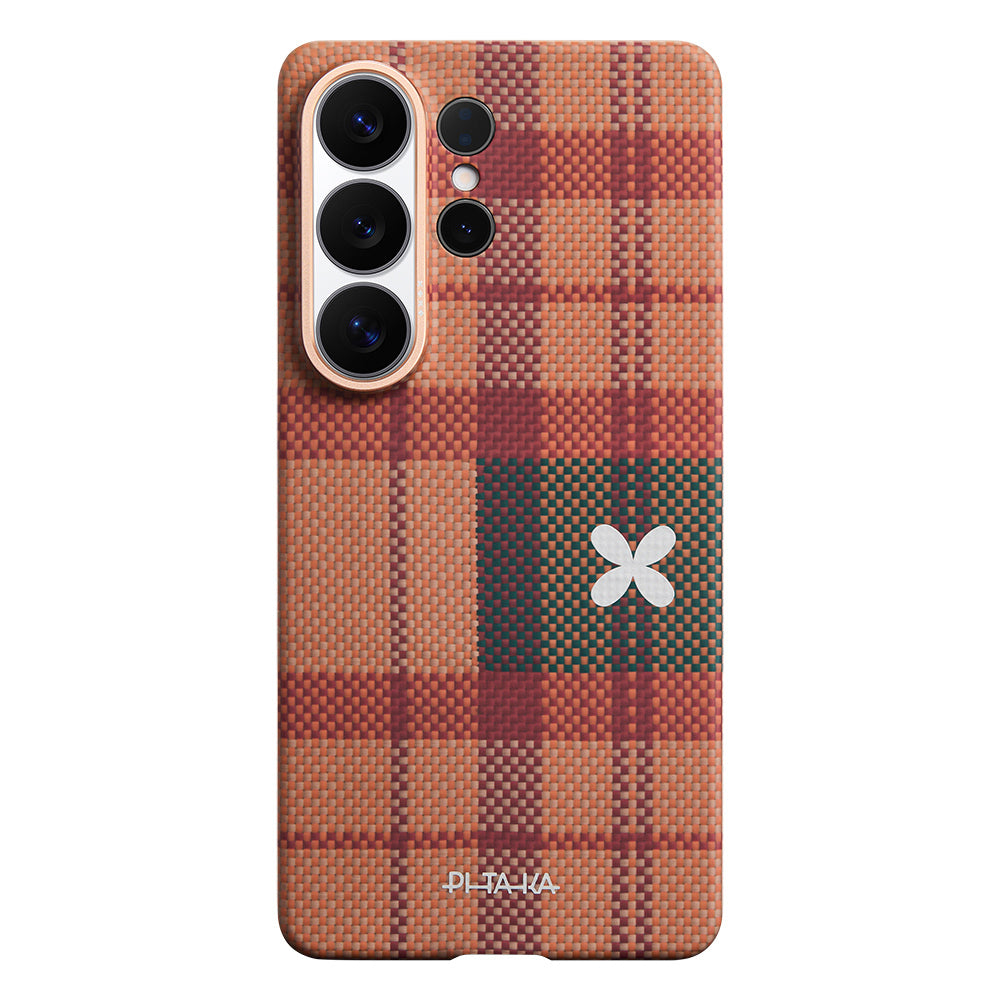 Galaxy S26 Ultra Kılıf M-safe Şarj Özellikli Aramid Karbon Fiber Pitaka Flora in Grid Serisi Kapak