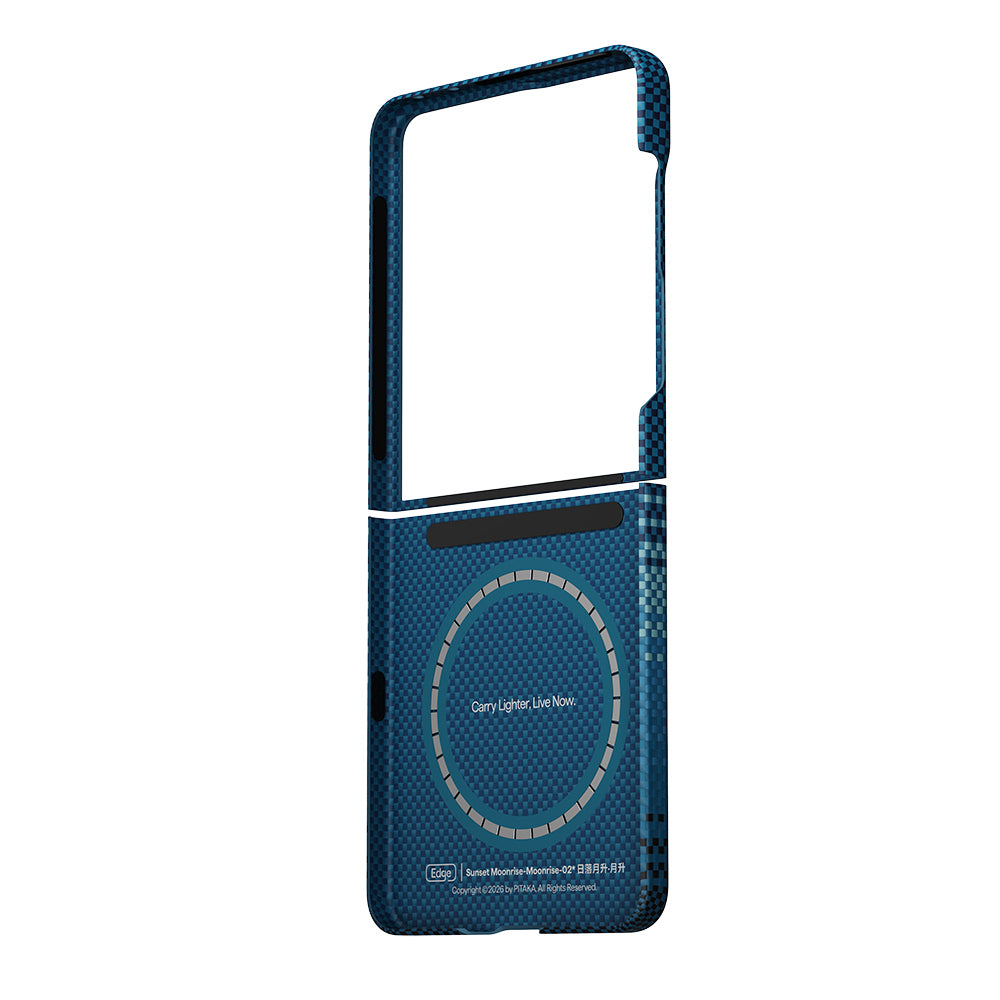 Galaxy Z Flip 8 Kılıf M-safe Şarj Özellikli Aramid Karbon Fiber Pitaka Tactile Woven Sunset-Moonrise Serisi Kapak