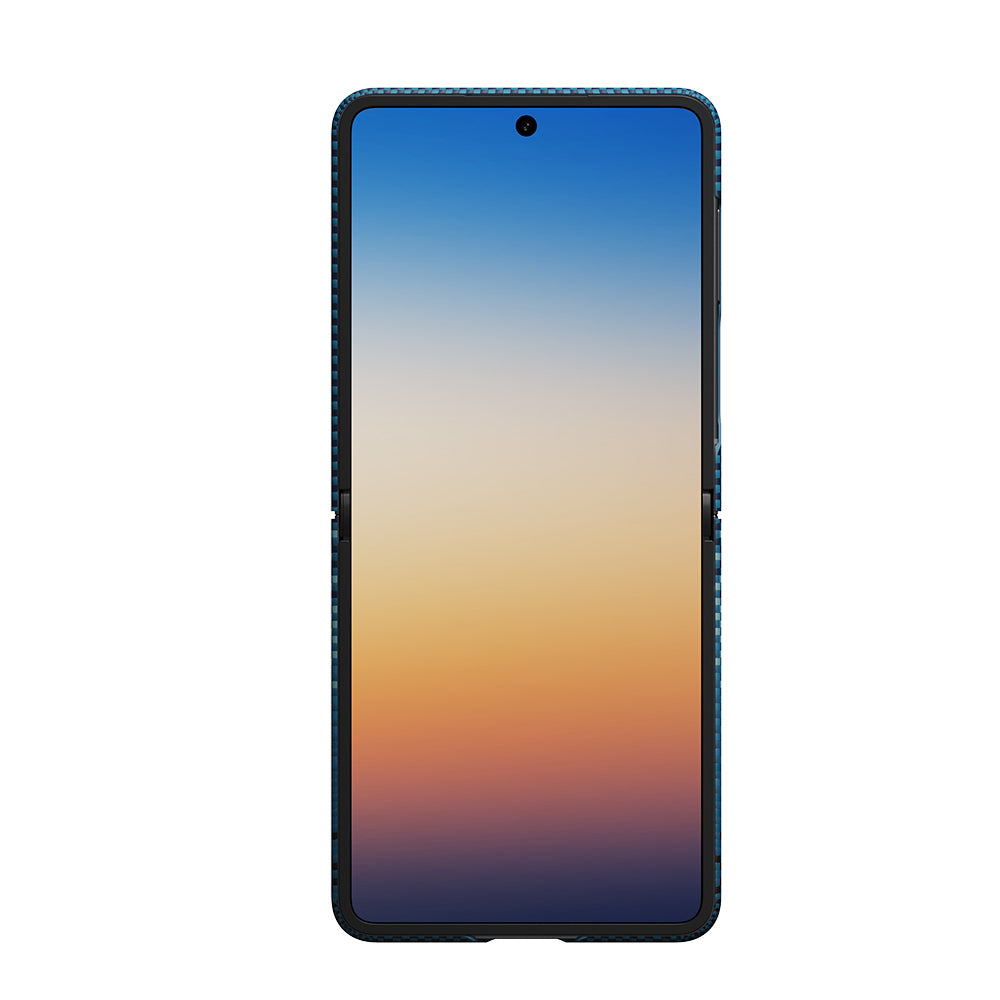 Galaxy Z Flip 8 Kılıf M-safe Şarj Özellikli Aramid Karbon Fiber Pitaka Tactile Woven Sunset-Moonrise Serisi Kapak