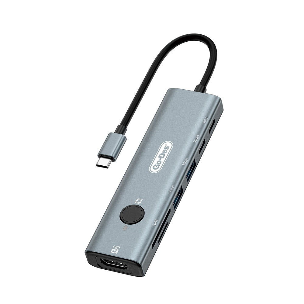 Go Des GD-6910 Type-C Bağlantılı 7in1 Hub Adaptör USB 5gbps/Hdmi/PD 3.0/3.5mm/4K Ultra HD