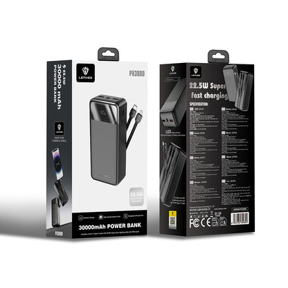 Lenyes PX380D Dijital LED Ekranlı Type-C ve Lightning Kablolu Powerbank 22.5W 30.000mAh