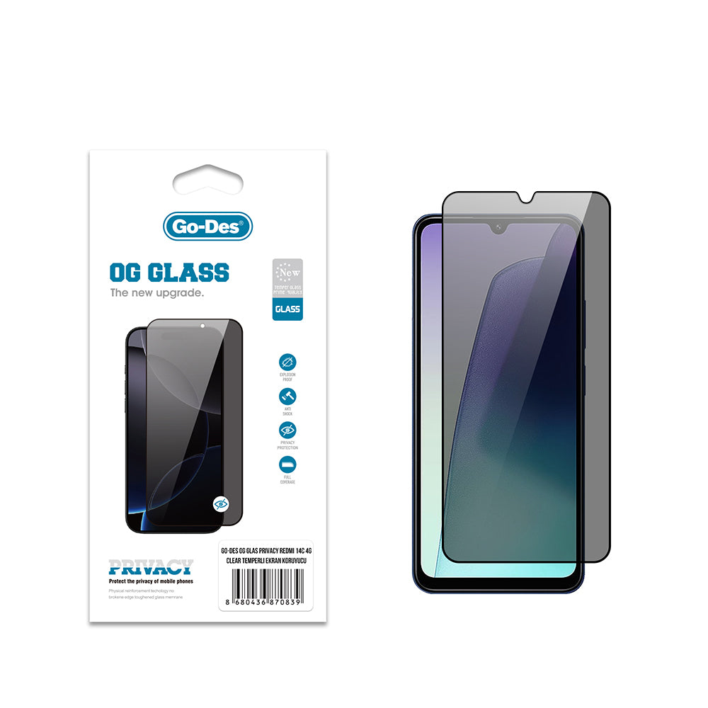 Xiaomi Redmi 14C 4G Go Des OG Glass Privacy Antistatik Temperli Cam Ekran Koruyucu